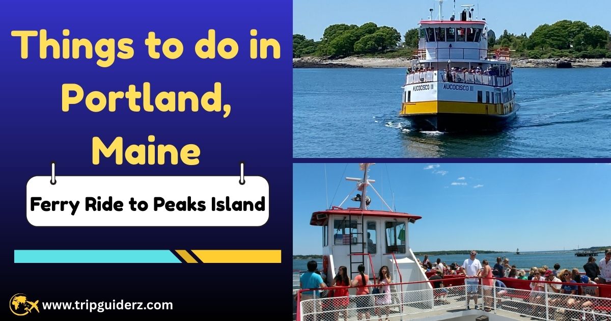 A ferry boat carrying passengers across Casco Bay on a scenic ride to Peaks Island, a popular day trip from Portland, Maine.