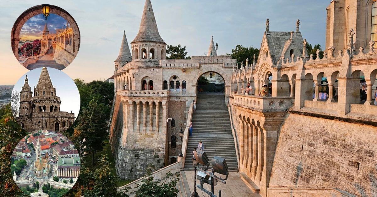 A close-up view of the intricate stone turrets and arches of Fisherman's Bastion in Budapest, a popular tourist landmark with a background of a blue sky.