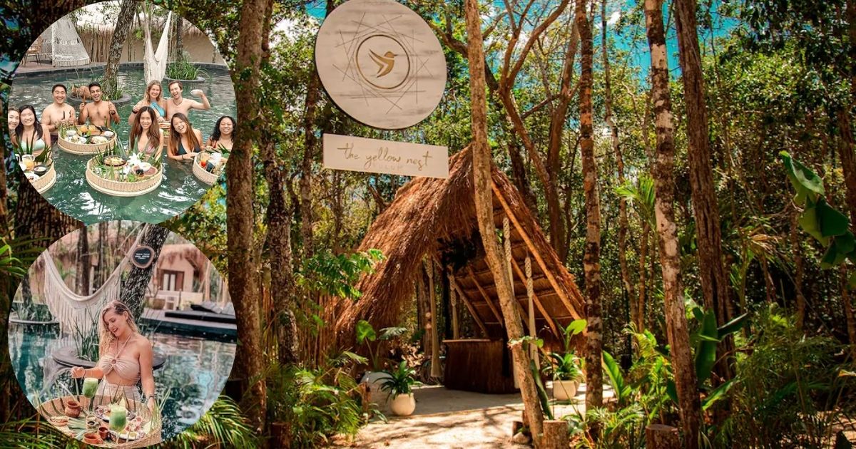 A stunning floating breakfast basket in a swimming pool at The Yellow Nest in Tulum, filled with fresh fruit, pastries, and drinks, highlighting a unique and luxurious dining experience.