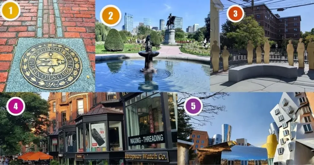 A collage of free attractions in Boston, including the Public Garden swan boats, the Boston Common, and a view of the waterfront.