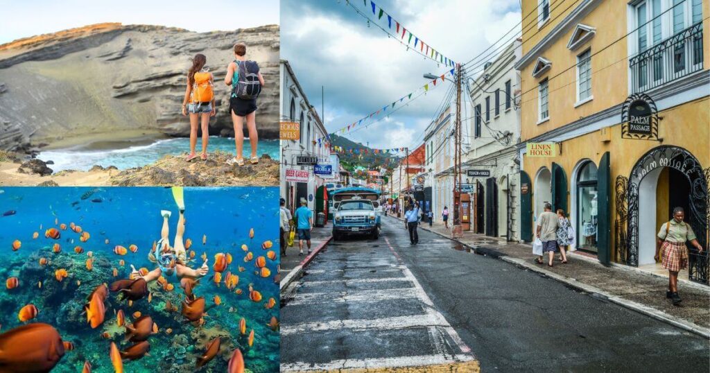 A collage of three images of free activities. The images show: two people with backpacks standing on a rocky beach, a person snorkeling underwater surrounded by a school of colorful fish, and a street view of historic Charlotte Amalie with shops and pedestrians.