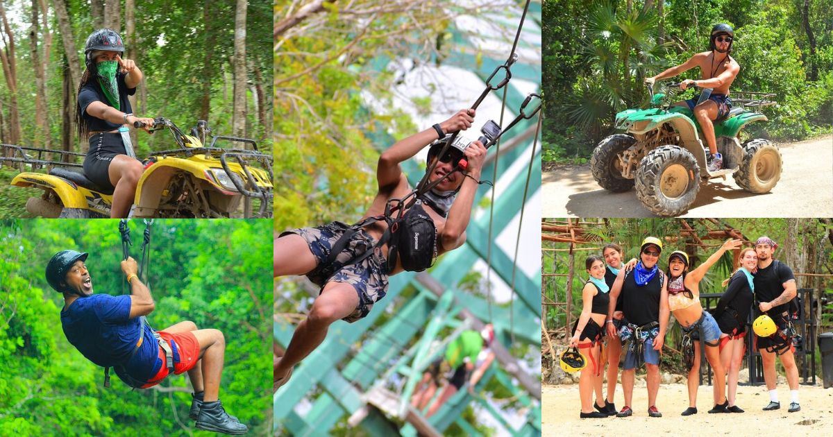 A collage of a full adrenaline day tour in Tulum, showing people zip lining through the jungle, friends posing on an ATV, and a group getting ready for a fun-filled day of adventure activities