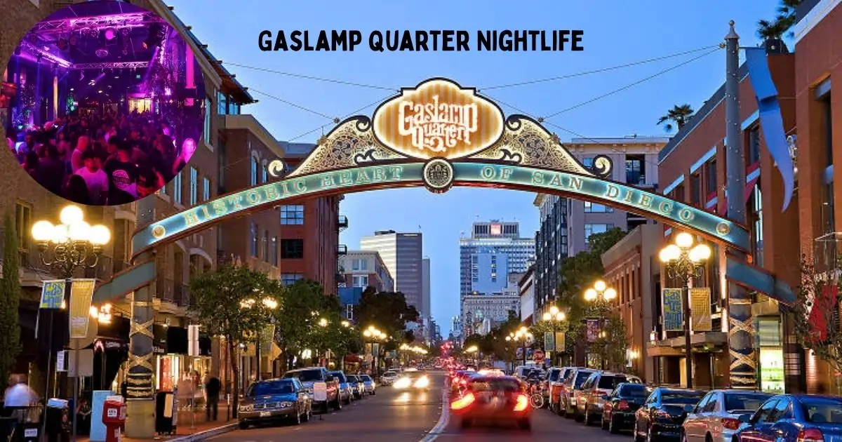 A lively street scene at night in San Diego's historic Gaslamp Quarter, known for its vibrant nightlife, bars, and restaurants.