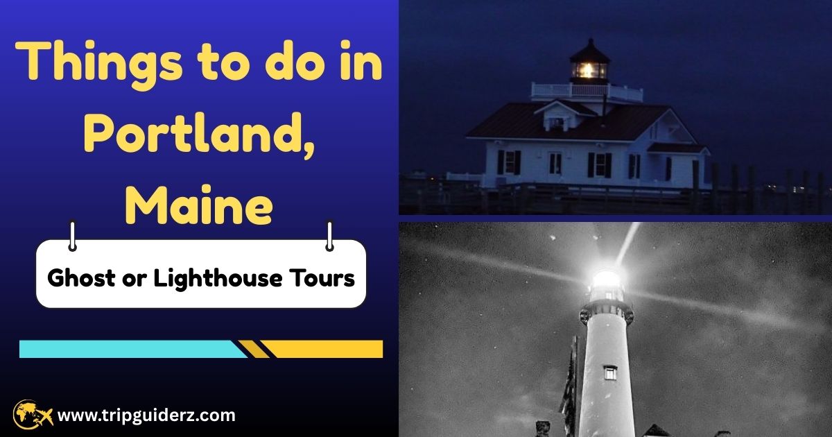 A collage of images showing a scenic lighthouse and a ghost tour bus, representing the popular ghost and lighthouse tours in Portland, Maine.