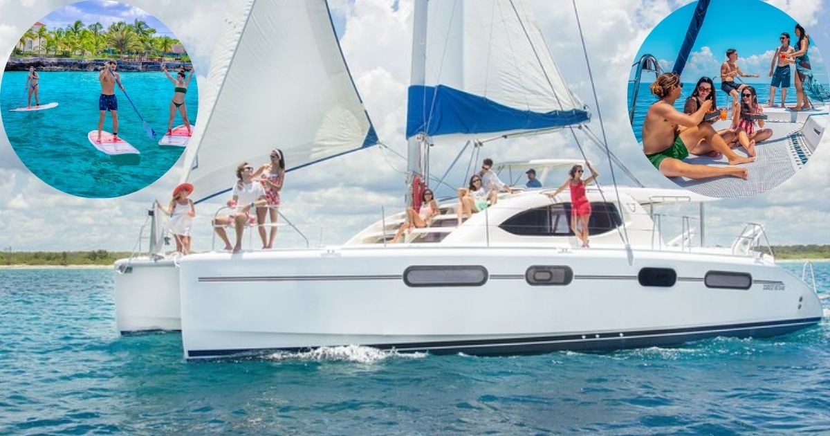 A large, modern catamaran sailing on the turquoise Caribbean Sea, with people relaxing on deck and enjoying a luxury sailing experience with an open bar in Riviera Maya, with collage insets of paddleboarding and people toasting on board.