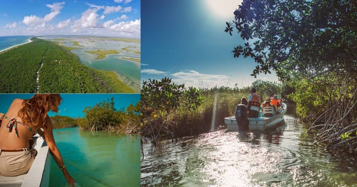 A collage of a Sian Ka'an Discovery Tour, with a person floating in the ancient Muyil canals, a boat ride through the biosphere reserve's lagoon, and a group enjoying a traditional lunch.