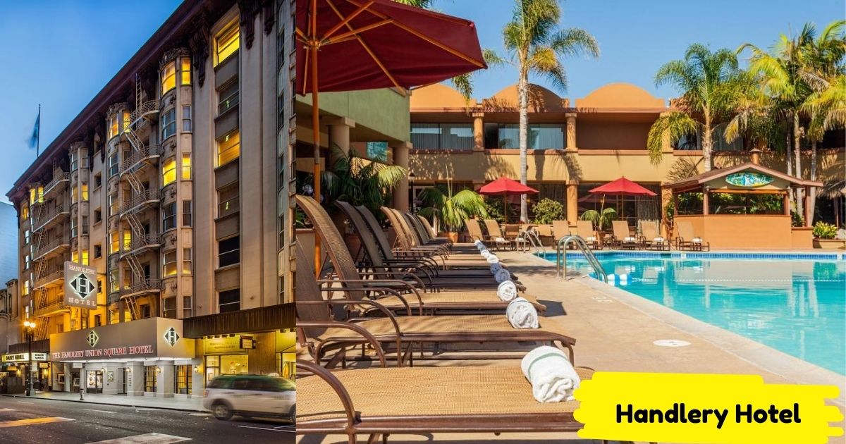 Handlery Hotel in San Diego with a sparkling outdoor swimming pool and sun loungers.