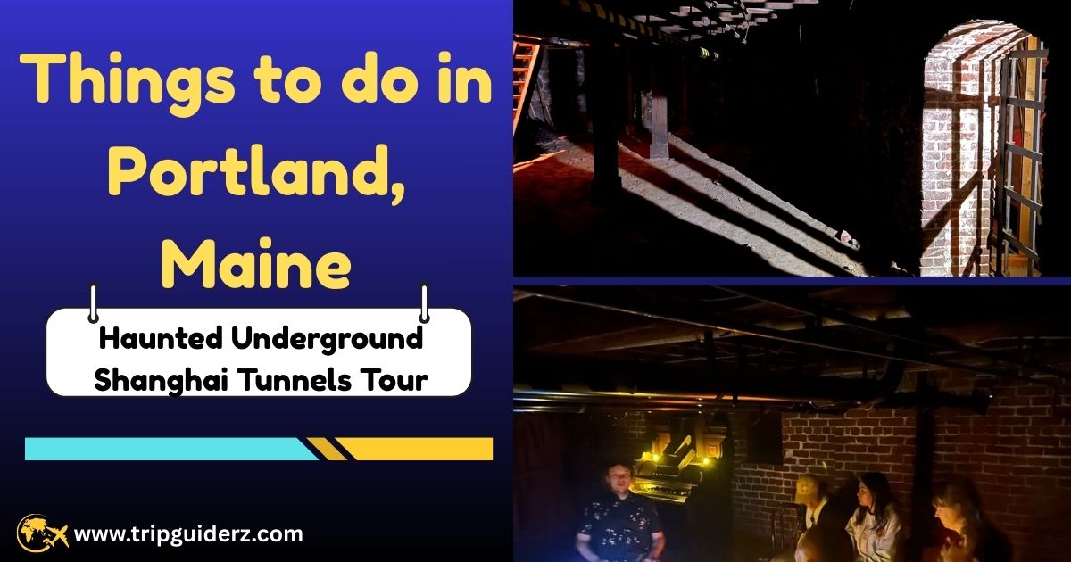 A group of people on a guided tour of the Haunted Underground Shanghai Tunnels in Portland, Oregon, a historic and paranormal attraction.