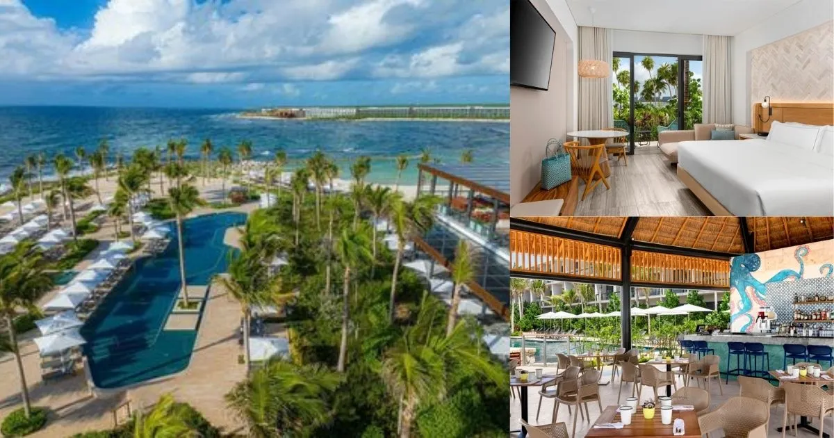 A collage of the Hilton Tulum Riviera Maya All-Inclusive Resort, featuring an aerial view of the property's multiple pools and beach, a modern and bright hotel room, and an open-air restaurant with stunning ocean views.