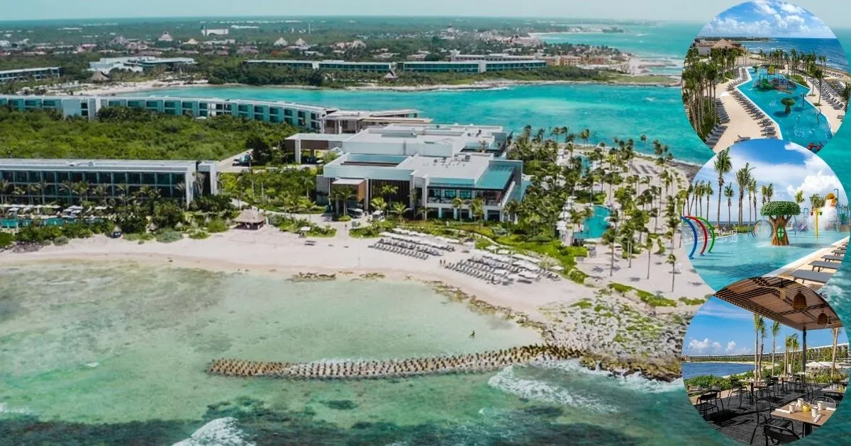 An expansive aerial view of the Hilton Tulum Riviera Maya All-Inclusive Resort, showcasing its sprawling property with large swimming pools, water slides, hotel buildings, and pristine beachfront along the Caribbean Sea.