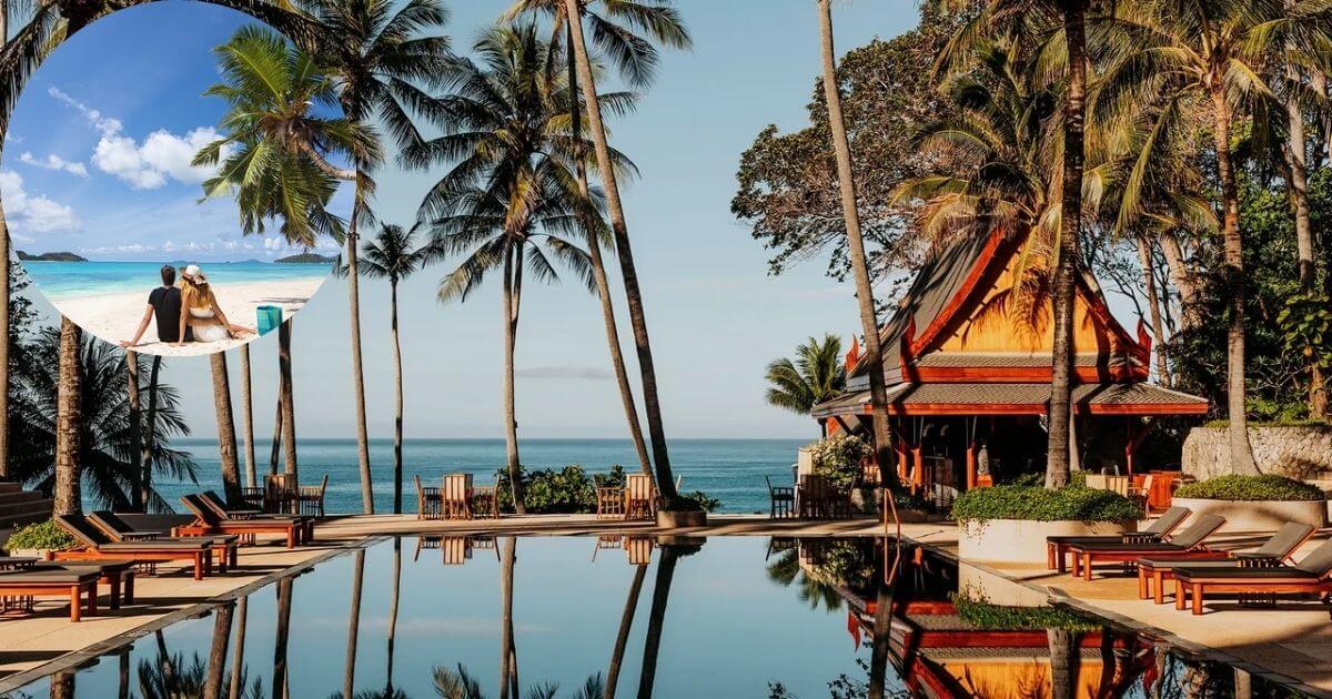 A serene tropical scene with a swimming pool, lounge chairs, and palm trees overlooking the ocean. An inset shows a couple sitting on the sand at a white-sand beach.