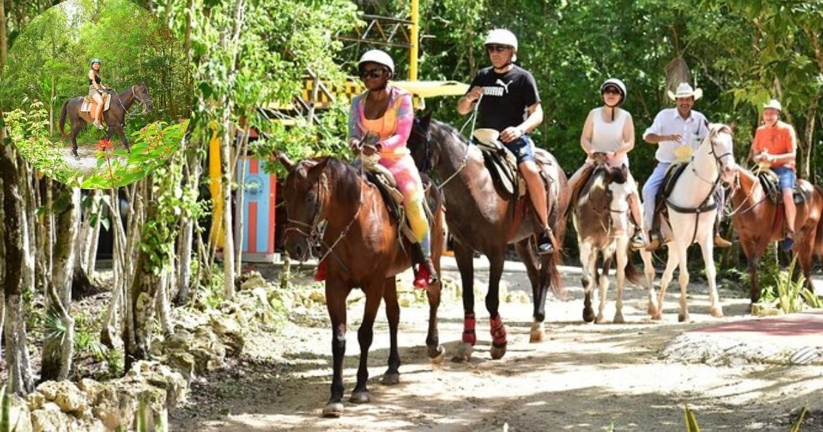 A collage of a horseback riding and adventure combo tour in Tulum, featuring a person on an ATV in the jungle, a couple riding horses, a person zip-lining, and someone swimming in a cenote.