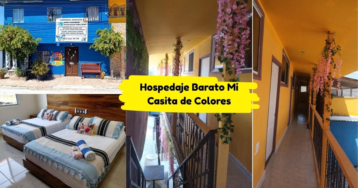 A collage of photos showing the vibrant and colorful Hospedaje Barato Mi Casita de Colores. The images show the bright blue and yellow exterior, a room with two beds and decorative blankets, and a hallway adorned with colorful flowers.