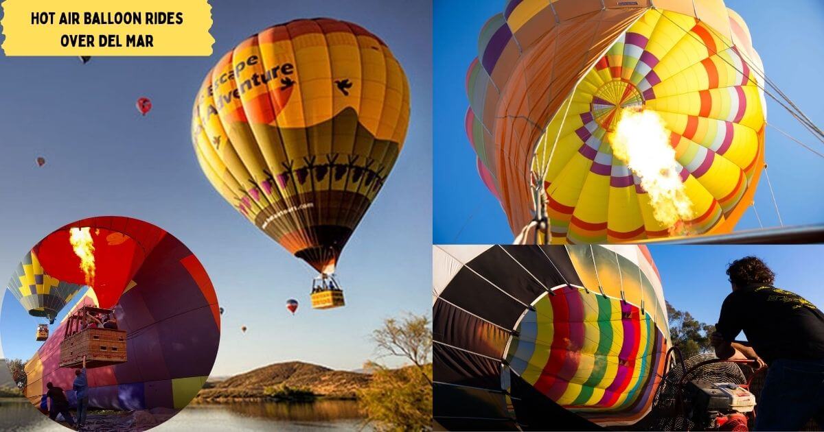 A group of colorful hot air balloons floating over the coast of Del Mar, a scenic and romantic activity near San Diego.