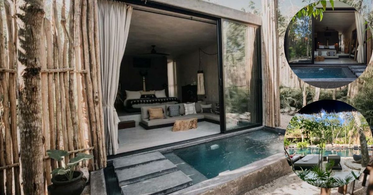 An eco-chic villa at Hotel Bardo Tulum, featuring a minimalist bedroom with large sliding glass doors that open to a private plunge pool and a secluded jungle setting.