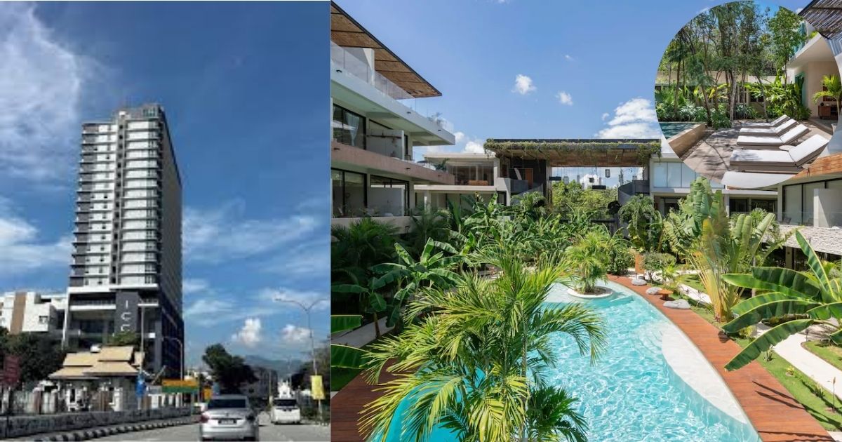 An artistic shot showcasing the Hotel Milam Tulum's jungle-style architecture, featuring a unique curved pool and lush tropical foliage, highlighting its Michelin Key status.