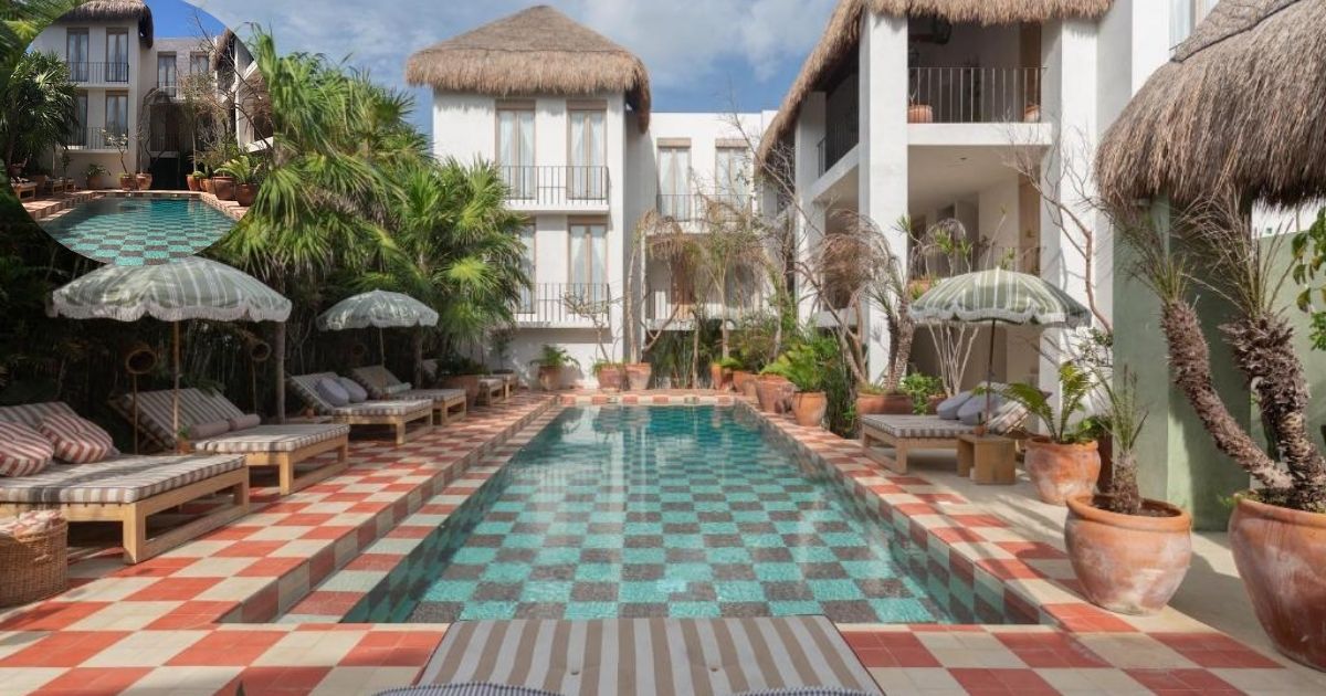 Hotel Panamera Tulum's stylish swimming pool area with a checkered tile design, surrounded by potted plants and minimalist lounge chairs with matching umbrellas.
