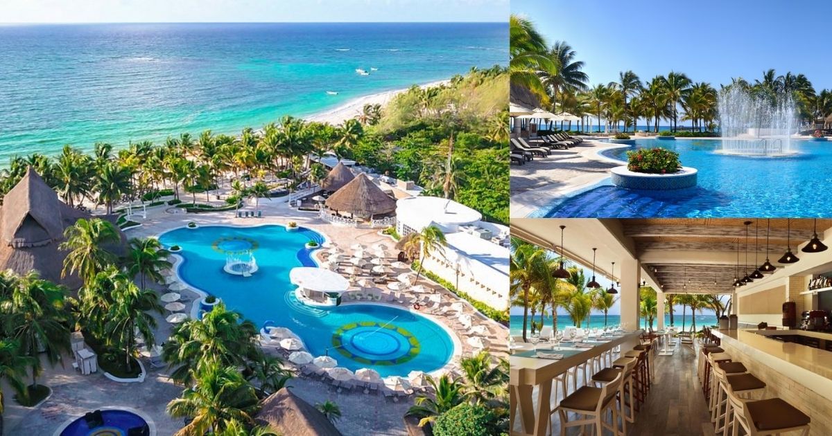 An aerial view of Hotel Royal Tulum, an adults-only all-inclusive resort, with a large freeform pool and fountain, a pristine white sand beach, and a casual beachfront restaurant.
