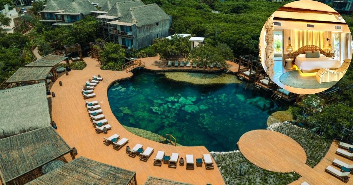 An aerial view of Hotel Shibari Tulum, showcasing a large, natural-looking central cenote-style pool with wooden decks and surrounding bungalows with a collage inset of a modern hotel suite.
