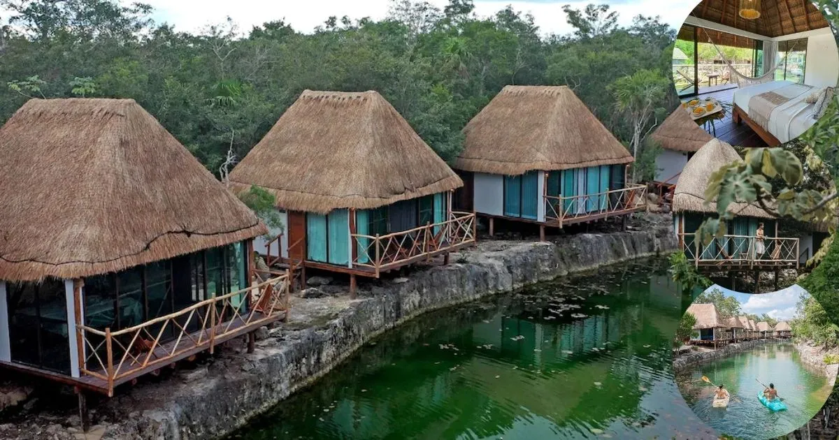 Hotel Zamna Tulum's secluded, thatched-roof bungalows built over a natural cenote or lagoon, offering a serene and unique stay with a private, jungle ambiance