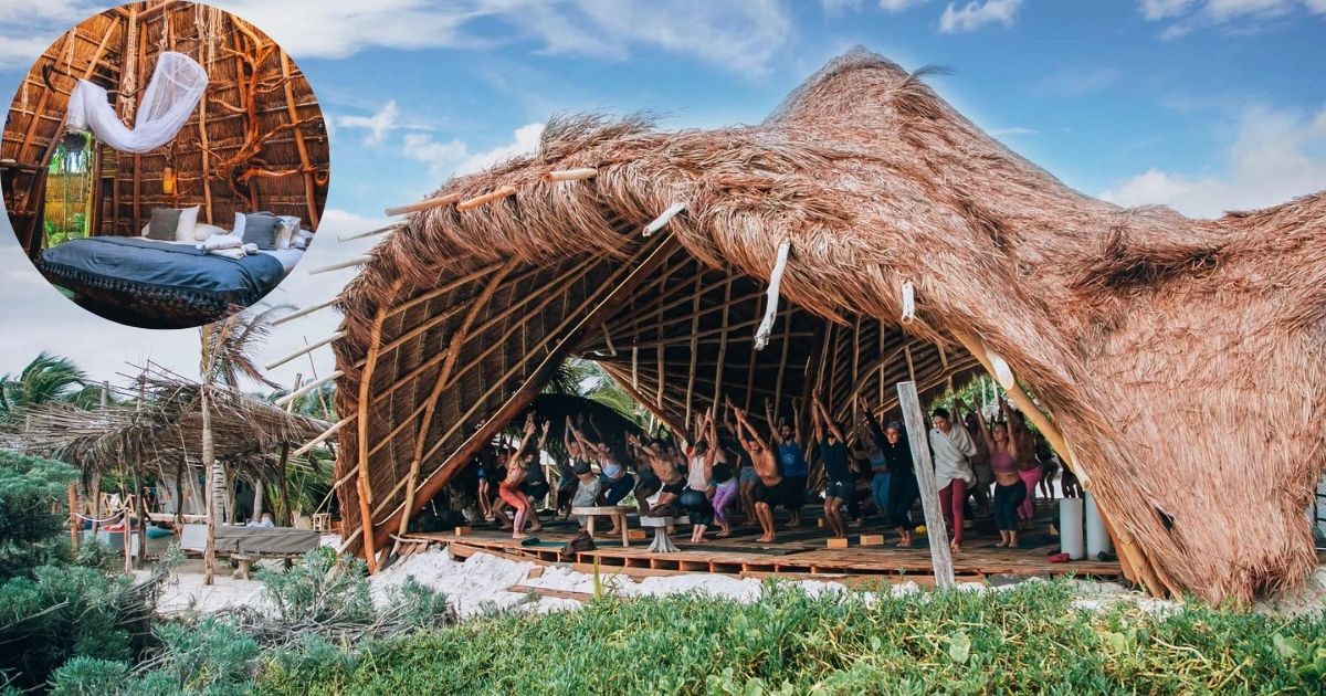 A group of people practicing yoga on a wooden deck under a large thatched-roof palapa at IKAL Tulum Hotel, with a collage inset showing a guest room with a mosquito net over the bed.