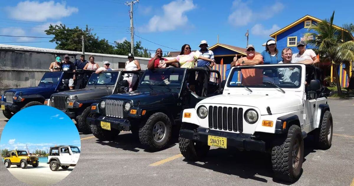 A group of tourists posing on and next to several Jeeps on a sunny day during a beach and cultural tour. An inset shows two Jeeps driving together on a beach.