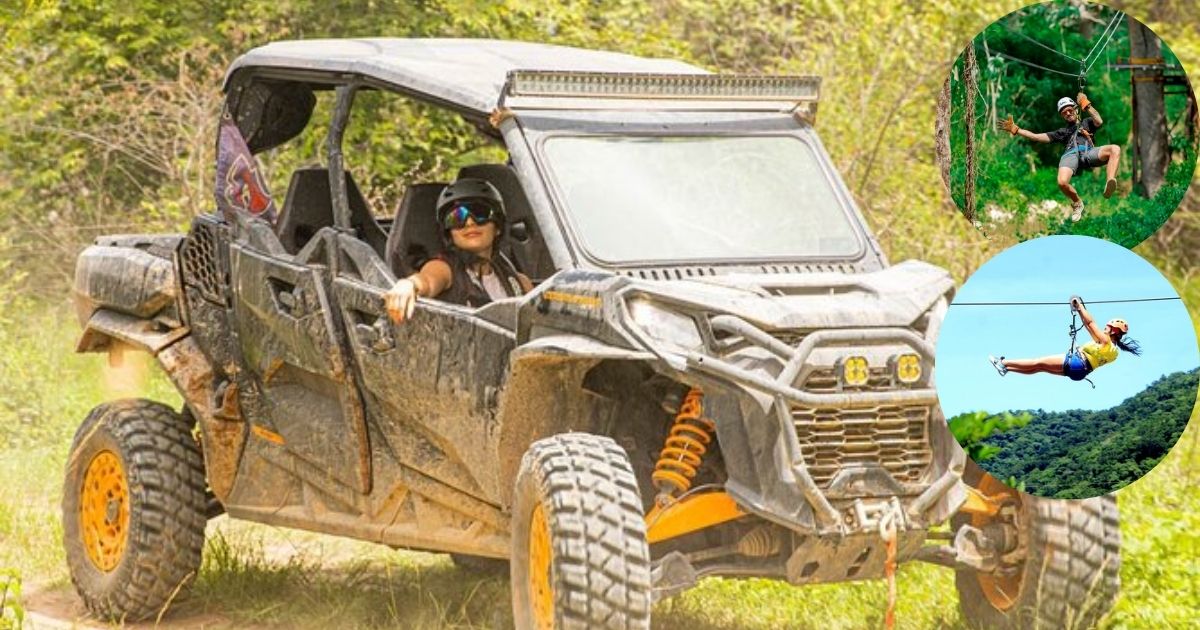 A group of people riding ATVs through the Mayan jungle on a dirt path, with a collage showing a person zip-lining over a cenote and another person swimming in the clear blue water.