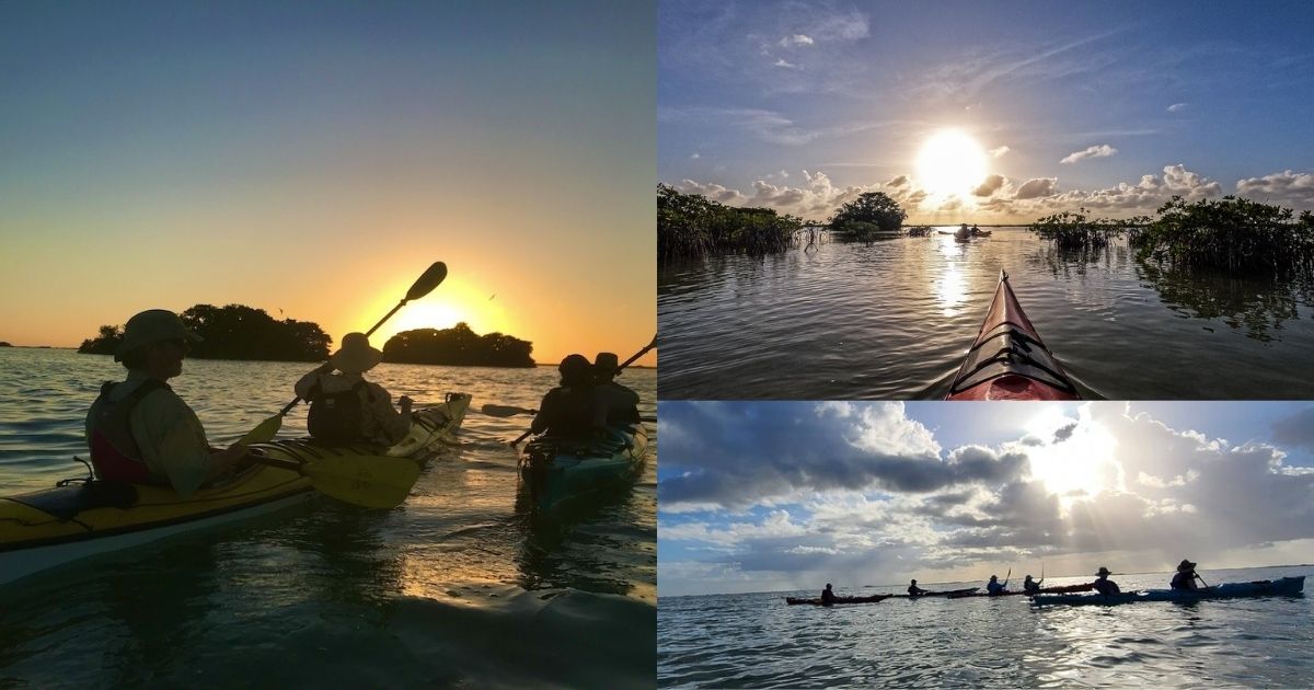 A group of people on kayaks paddling through the calm waters of the Sian Ka’an Biosphere Reserve at sunset, with a collage inset showing a close-up of the beautiful mangrove landscape.