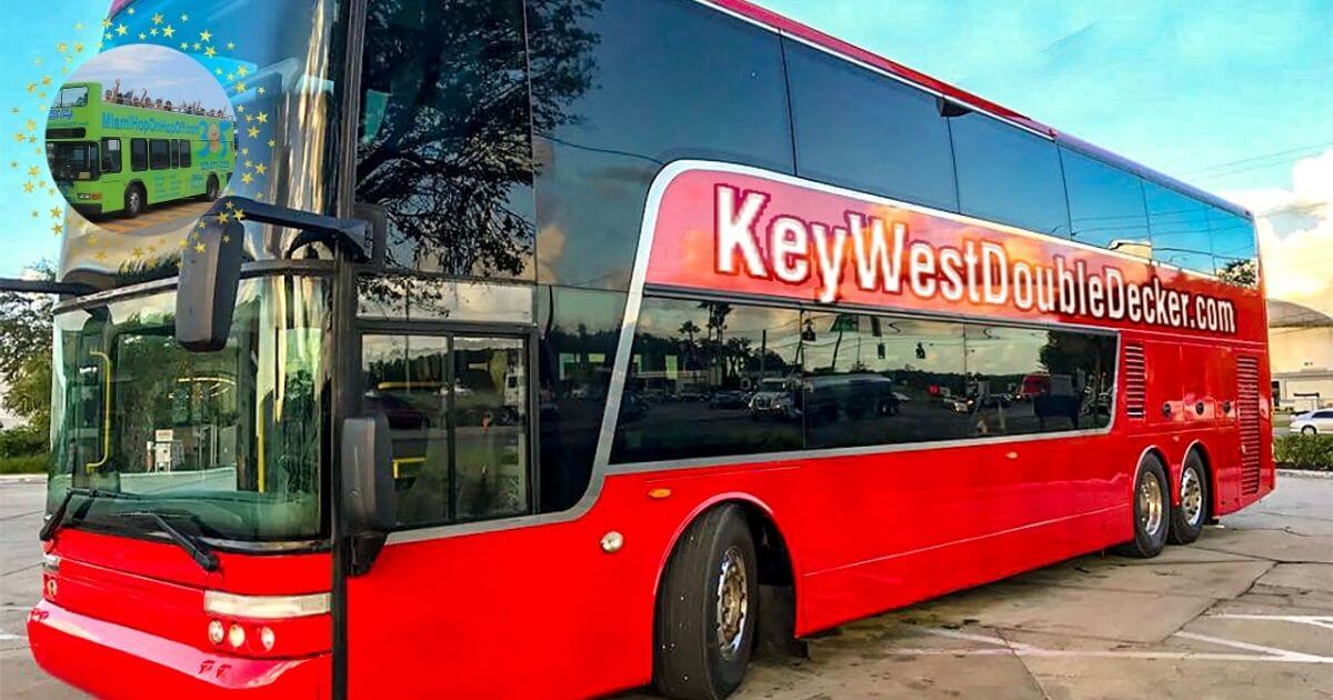 A large, red double-decker bus with "Key West Double Decker" written on the side. An inset shows a similar bus in a different color.