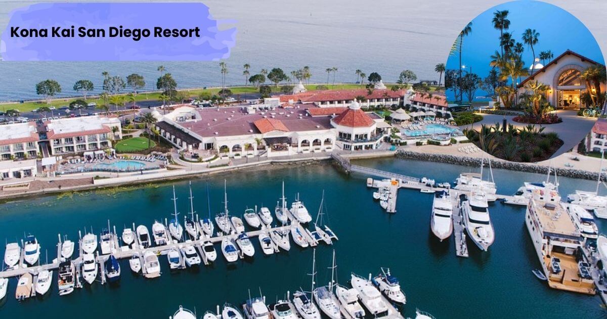 An aerial view of the Kona Kai San Diego Resort from a boat-filled marina. The photo shows the resort's sprawling, low-rise buildings with red roofs, surrounded by palm trees and two swimming pools.