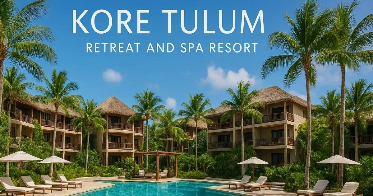 An aerial shot of the Kore Tulum Retreat and Spa Resort, highlighting the adults-only property's central infinity pool, sun loungers, and tropical gardens, set on a cliffside overlooking the ocean.