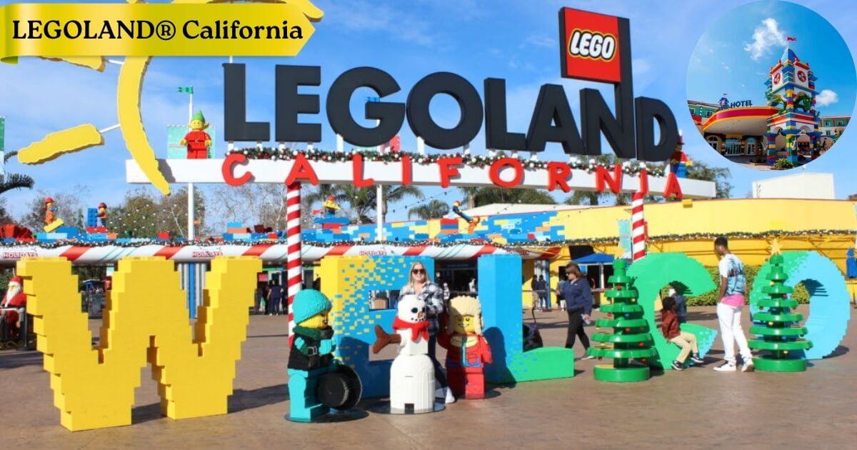 The entrance to LEGOLAND California, a family-friendly theme park with rides and LEGO® models, a popular day trip from San Diego.