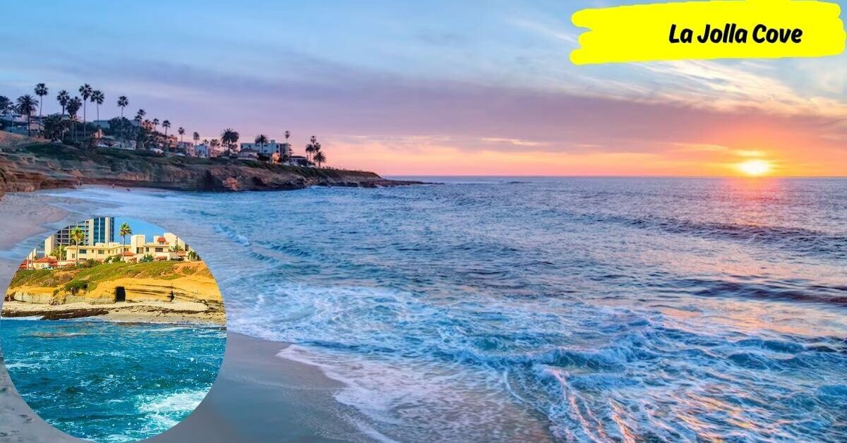 A collage showing La Jolla Cove at sunset with waves crashing on the shore and an inset of the rocky coastline with buildings on the cliff.