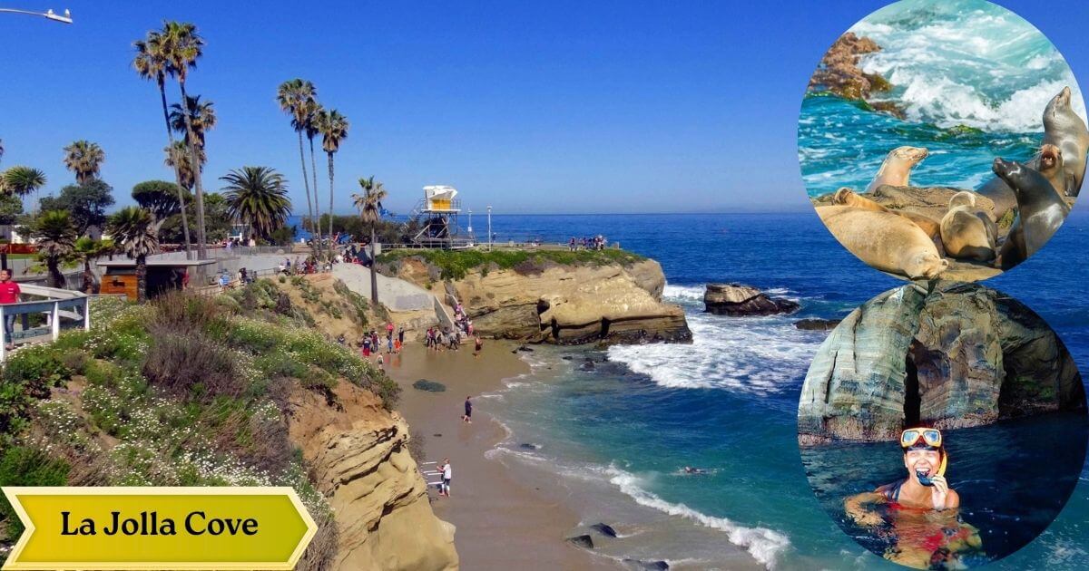A scenic view of the cliffs and Pacific Ocean at La Jolla Cove, a protected marine reserve in San Diego known for its seals and sea lions.