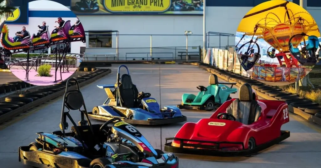 A group of people racing go-karts on a track at the Las Vegas Mini Grand Prix Family Fun Center. An inset shows a group of kids playing on bumper cars.