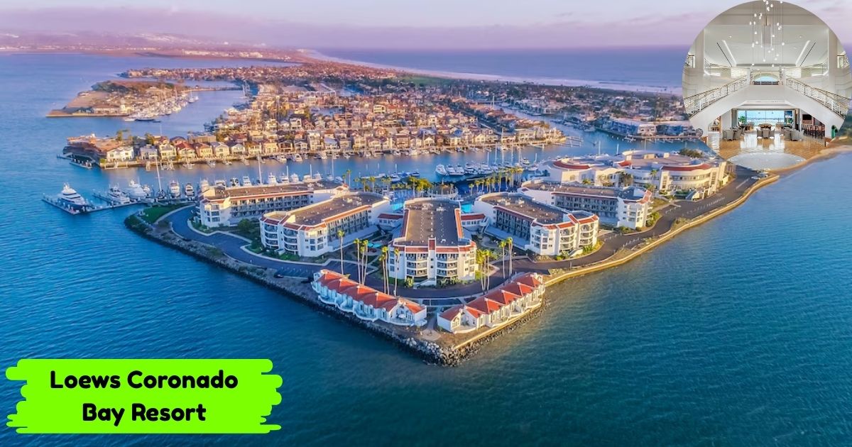 An aerial view of Loews Coronado Bay Resort, a sprawling hotel complex situated on a peninsula surrounded by water and a marina full of boats. The photo shows the hotel's distinctive white buildings with red roofs, and an inset image shows the resort's bright and elegant lobby.