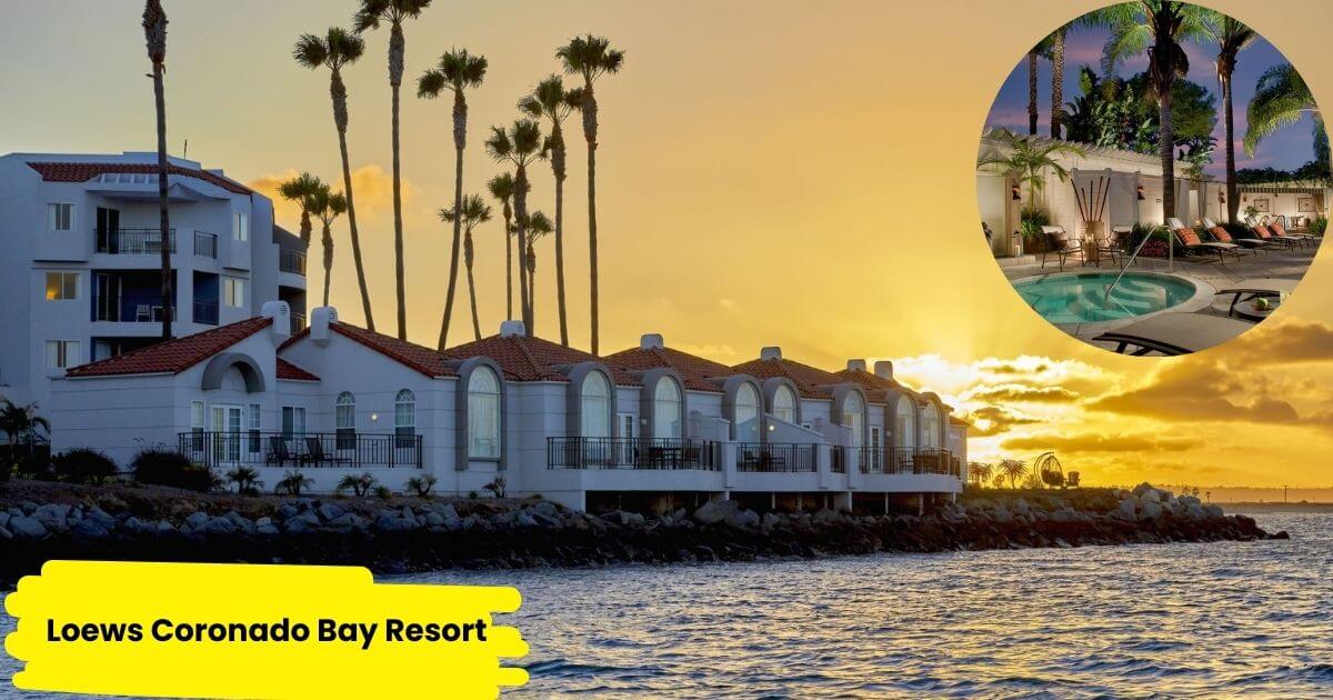 A breathtaking sunset photo of the Loews Coronado Bay Resort, showing a white, two-story building with arched windows and a red-tiled roof, situated right on the water's edge. The sky is a brilliant mix of orange and yellow, and palm trees line the waterfront.