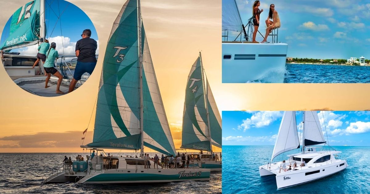 A collage of a luxury sailing experience in Tulum, showing a catamaran with a couple enjoying the open bar, people relaxing on the deck, and a person paddleboarding in the calm, turquoise ocean.