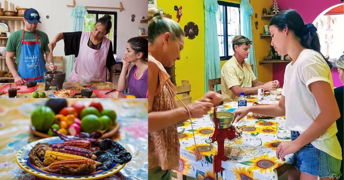 A collage of a Mexican cooking class in a local home in Tulum, featuring a group of people learning to make tortillas from scratch and a beautiful close-up of colorful corn and other fresh ingredients on a plate.