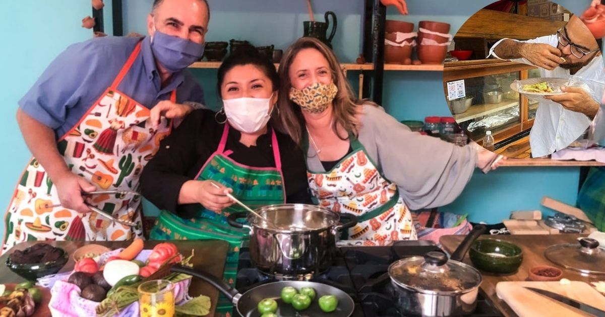 A collage of a cooking class in Tulum, showing people learning to make tortillas from scratch with fresh corn, a vibrant display of fresh ingredients, and a local host teaching the class in their home.