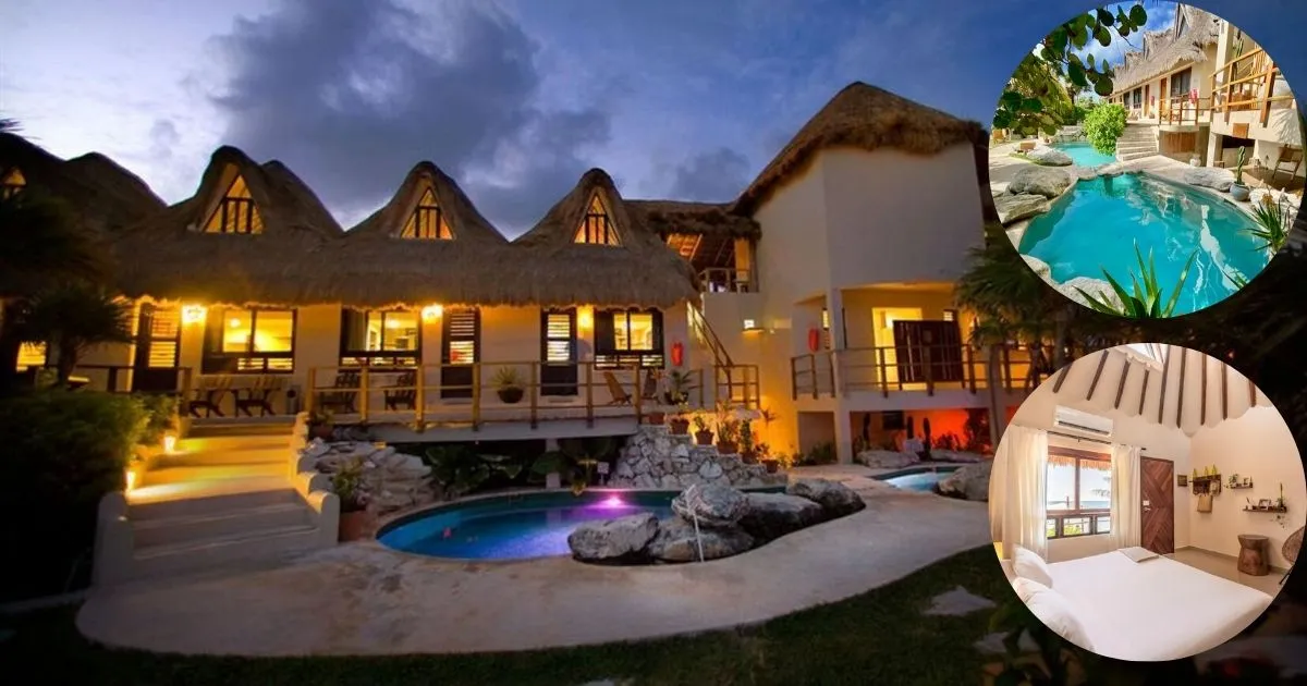 Mezzanine Hotel Tulum at dusk, featuring a small boutique hotel with traditional thatched roofs and a cozy, illuminated pool area, highlighting its intimate and romantic vibe.