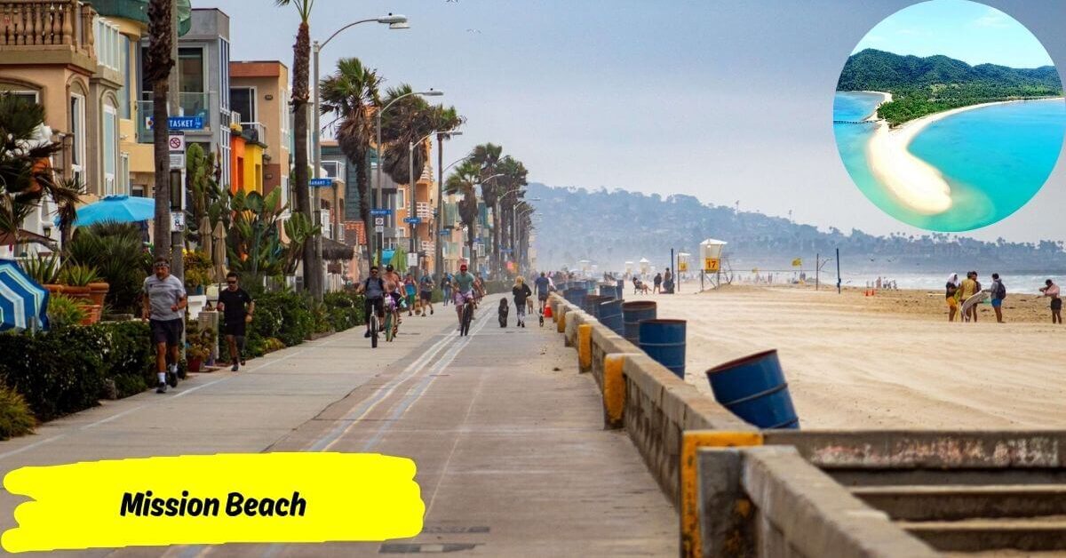The boardwalk at Mission Beach with people biking and walking, a sandy beach to the side, and an inset of the beach's peninsula shape.