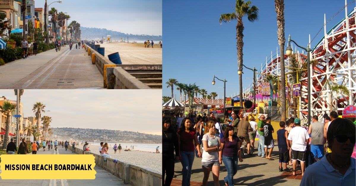 People walking and biking along the Mission Beach Boardwalk, a lively path for outdoor recreation in San Diego.