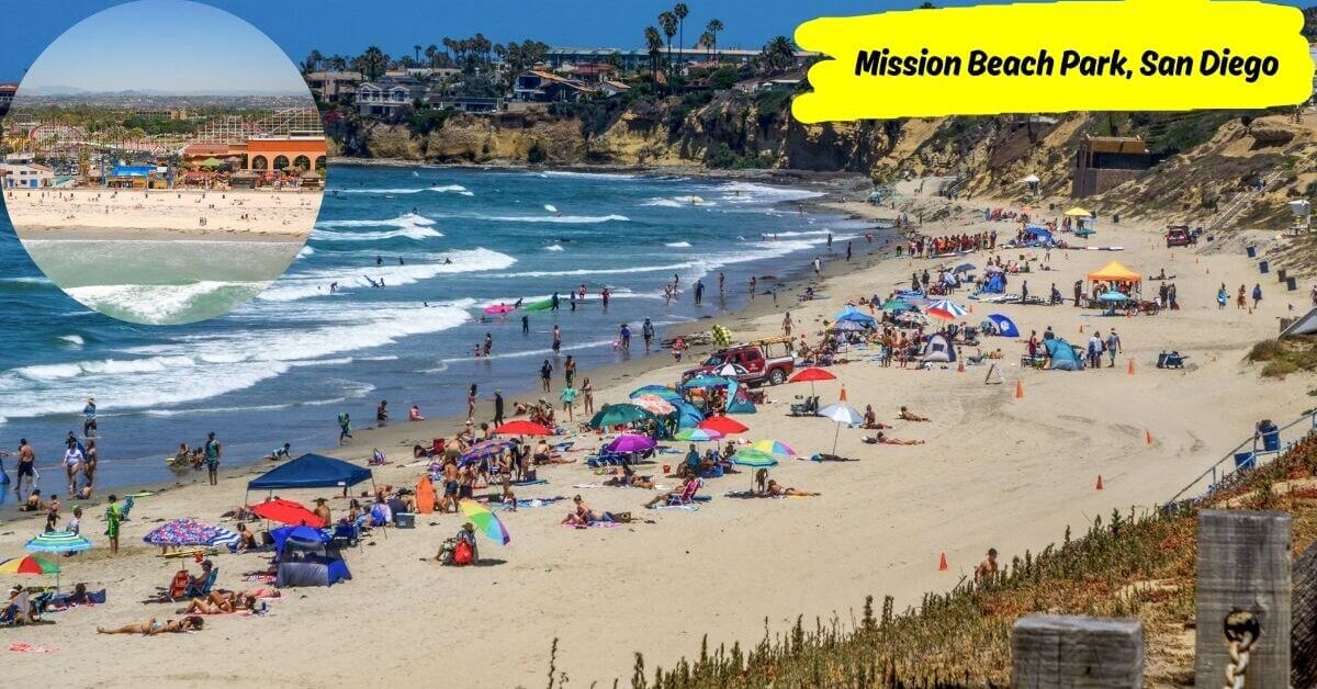People enjoying a sunny day at Mission Beach Park with a sandy beach and ocean, and an inset showing the amusement park rides and boardwalk nearby.