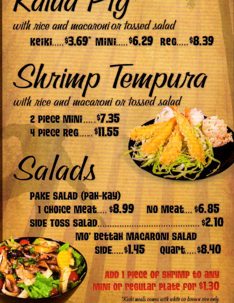 menu from Mo' Bettahs with a reddish-brown textured background, showcasing Kalua Pig, Shrimp Tempura, and various Salads with their prices and descriptions.