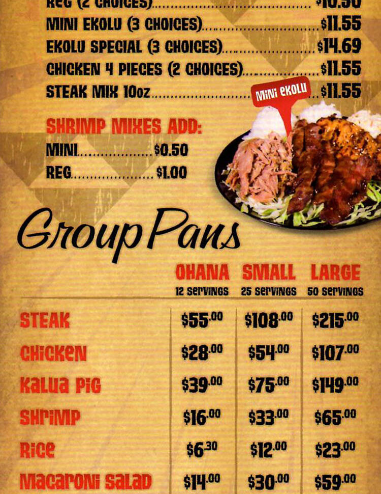 A Mo' Bettahs menu with a blue, red, and orange background, detailing prices for Mixed Plates in various sizes and Group Pans (Ohana and Small/Large) of different meats and sides.