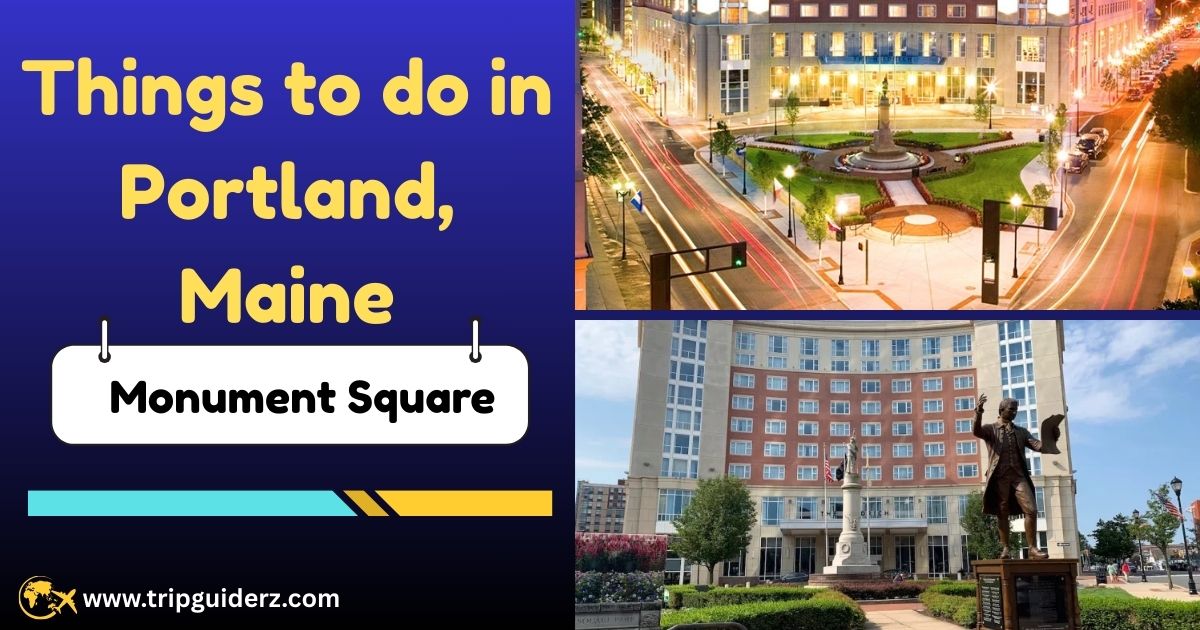 A bustling view of Monument Square, a central public plaza in downtown Portland, Maine, featuring a historic monument and lively events.