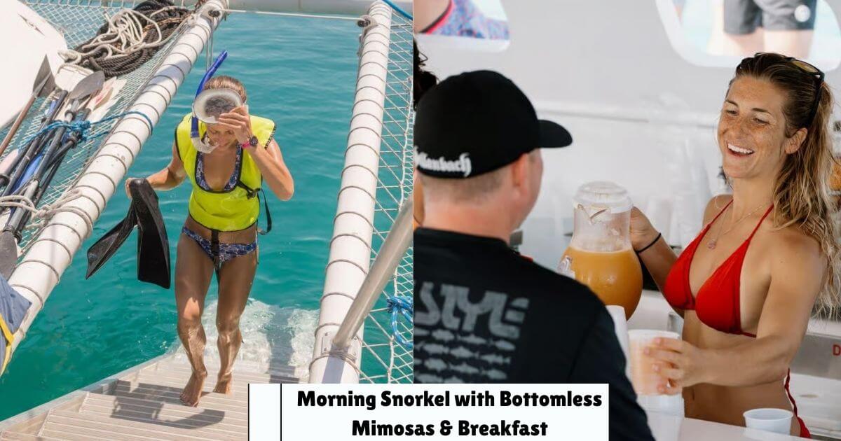 A two-panel image showing a woman climbing a ladder out of the water after snorkeling on the left, and a woman holding a drink and laughing on the right, both on a boat tour.