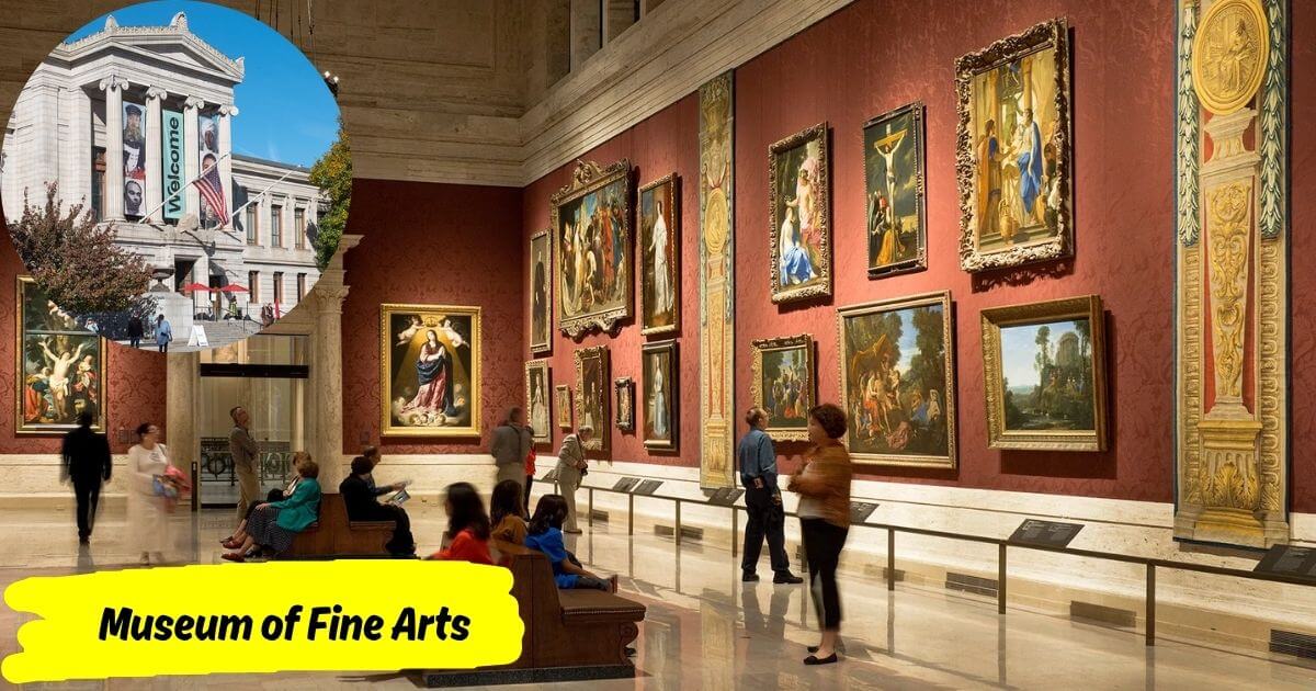 The interior of the Museum of Fine Arts with visitors admiring a collection of classical paintings hanging on red walls, with an inset of the museum's exterior.