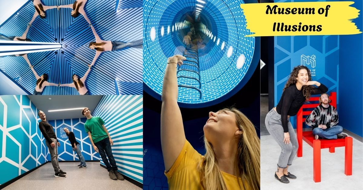 A collage of interactive exhibits at the Museum of Illusions, showing people interacting with optical illusions like a vortex tunnel and a slanted room.